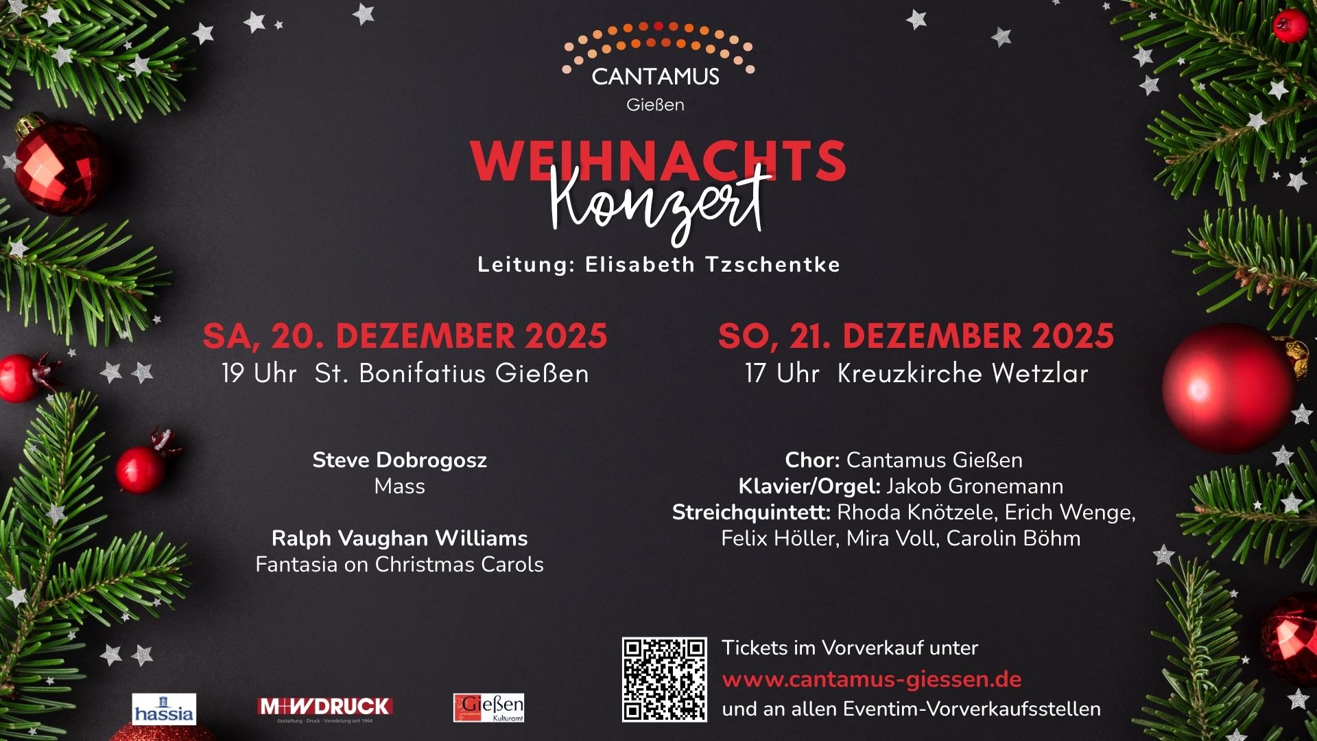 Weihnachtskonzerte am 20. und 21. Dezember 2025 von Cantamus in Gießen und Wetzlar Plakat für die Weihnachtskonzerte 2025 von Cantamus in Gießen und Wetzlar
