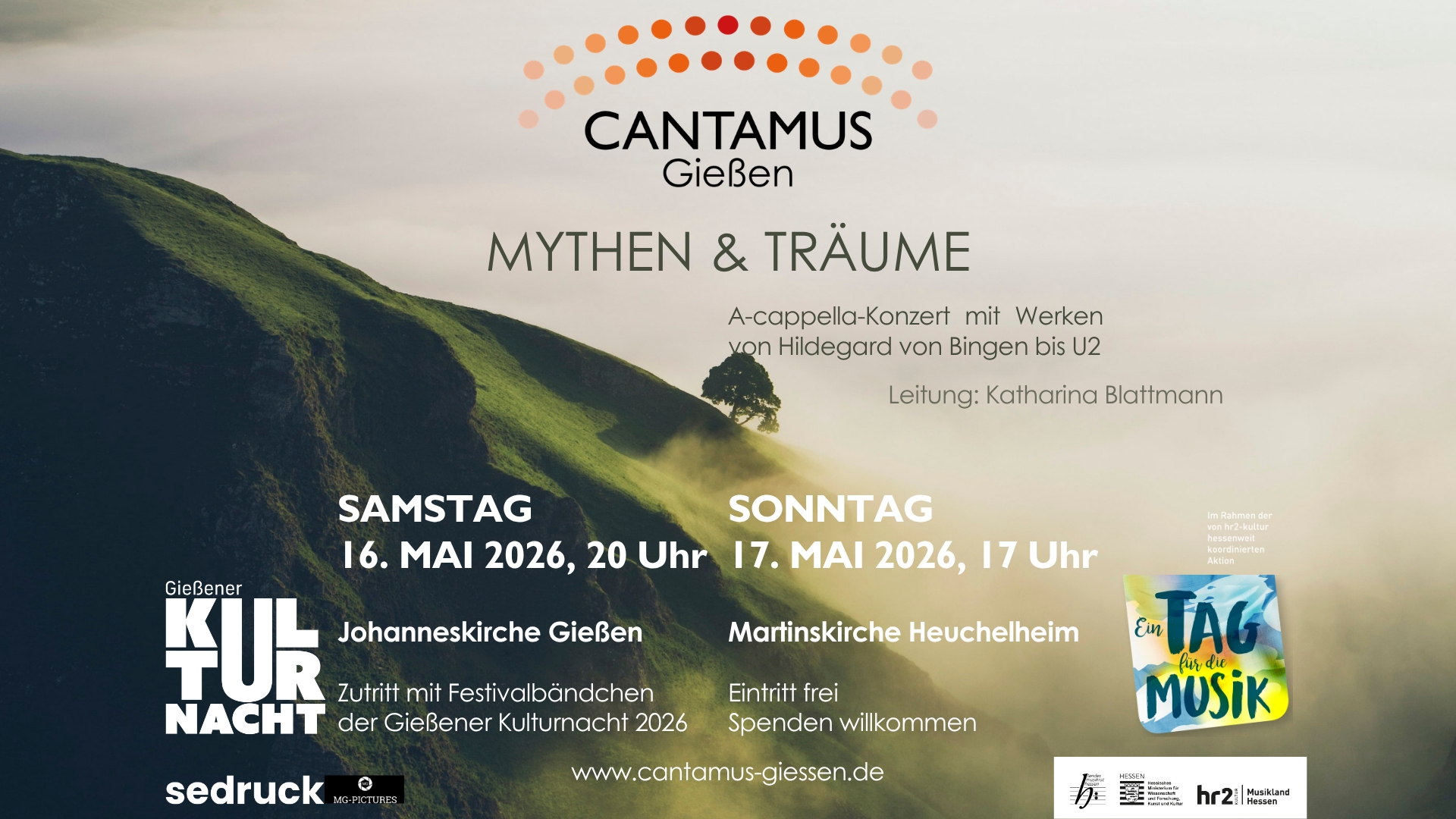 Plakat für die Konzerte von Cantamus Gießen am 16. und 17. Mai 2026 Konzerte von Cantamus Gießen im Mai 2026 bei der Kulturnacht und dem Tag für die Musik